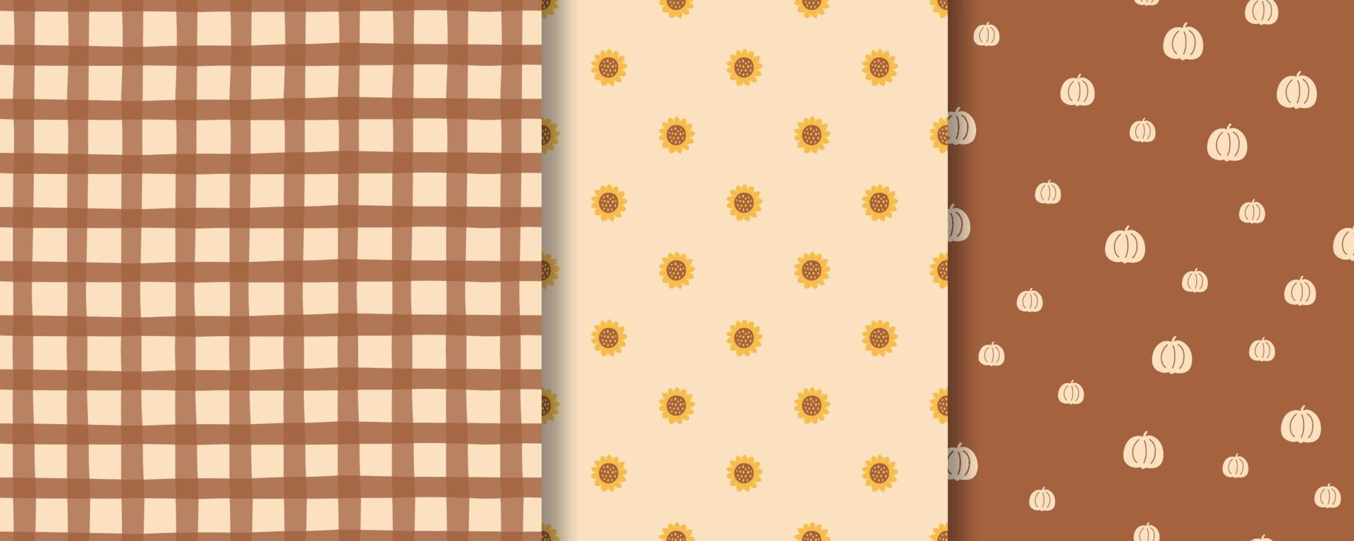 ensemble de motifs d'automne boho. motif d'automne de tournesols, imprimé à carreaux, motif de citrouille. collection de fond d'automne de récolte. diverses conceptions textiles de surface brune d'automne, papier peint. illustration vectorielle. vecteur