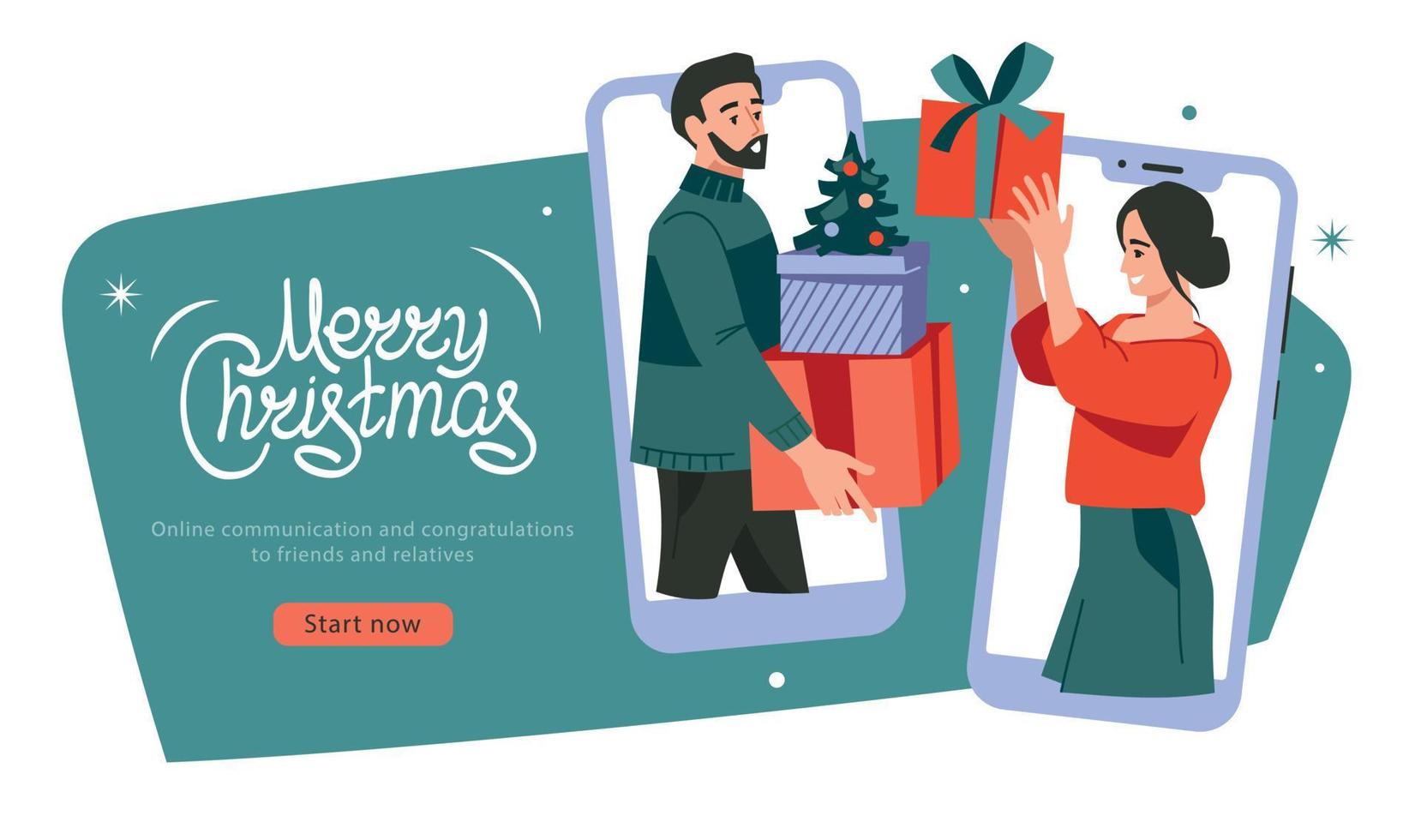 Noël en ligne. cadeaux de nouvel an. homme et femme avec des cadeaux dans les téléphones mobiles. image vectorielle. vecteur