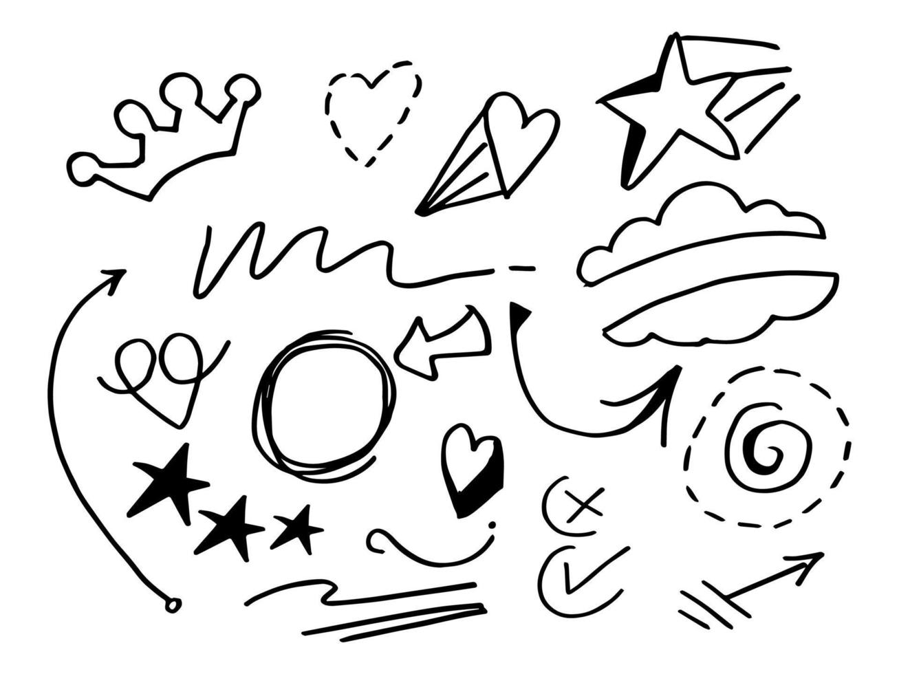 collection dessinée à la main de vecteur d'élément de conception de doodle. swishes bouclés, swoops, tourbillon, flèche, coeur, amour, couronne, étoile et élément d'accentuation. utiliser pour la conception