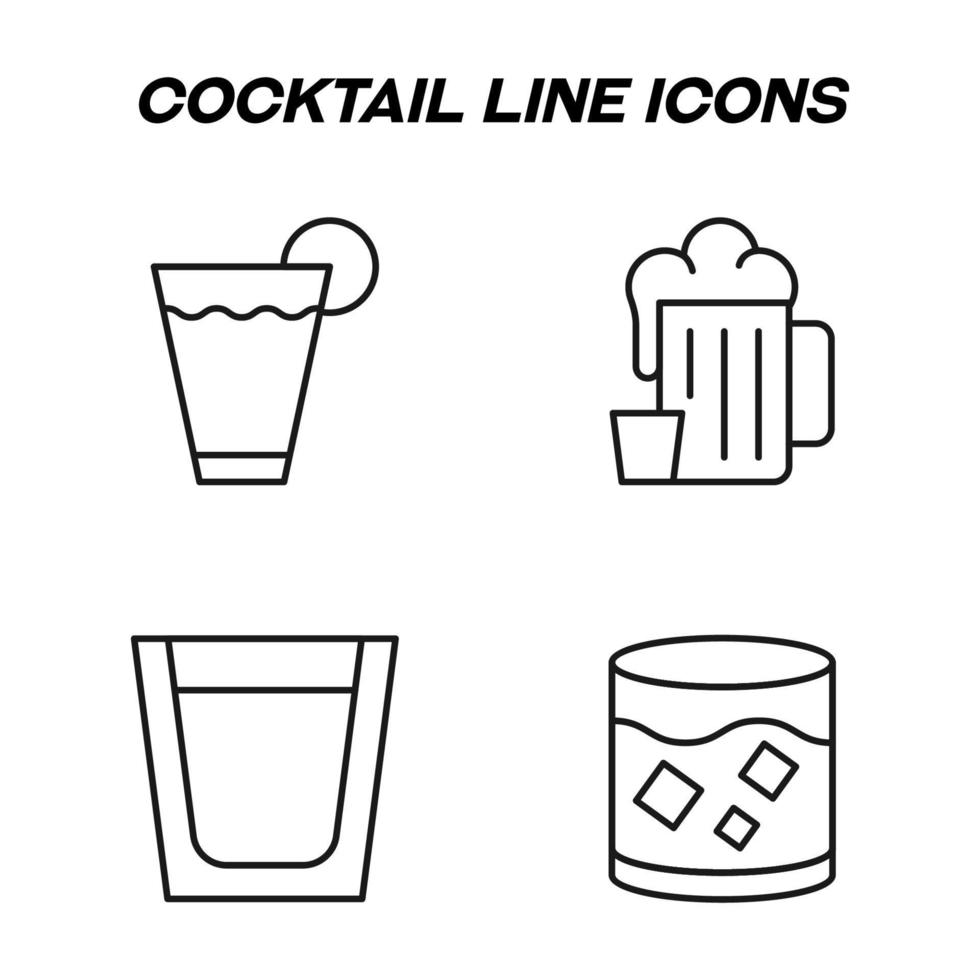 symboles isolés monochromes dessinés avec une fine ligne noire. parfait pour les magasins, les boutiques, les publicités. icône vectorielle sertie de signes de divers cocktails dans des verres et de la bière dans une tasse vecteur