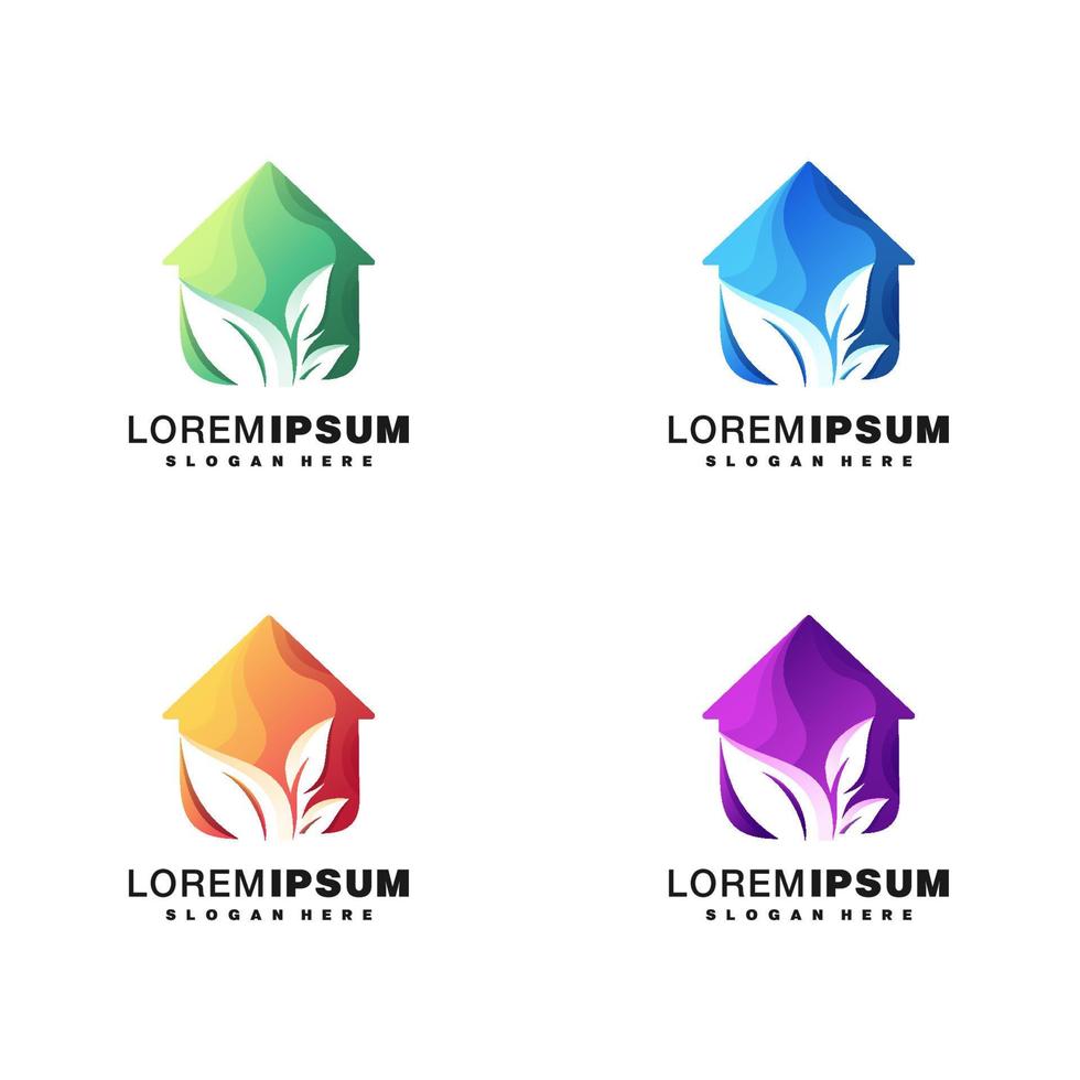 ensemble de conception de logo coloré maison et feuille vecteur