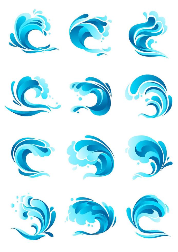 vagues, éclaboussures d'eau ensemble d'icônes vectorielles vecteur