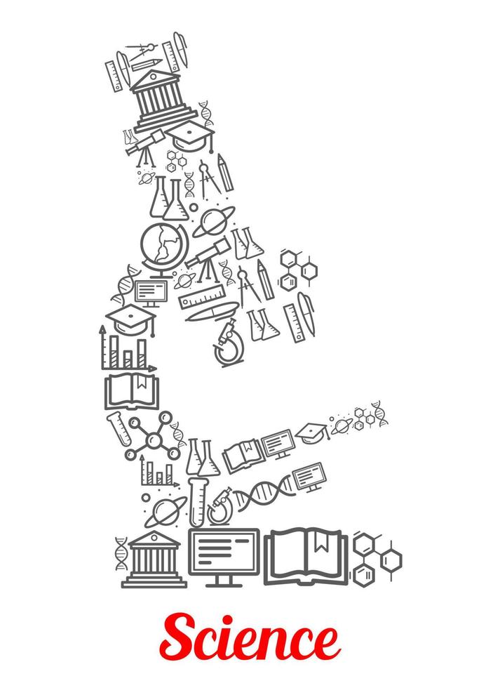 emblème du microscope façonné par des icônes scientifiques vecteur
