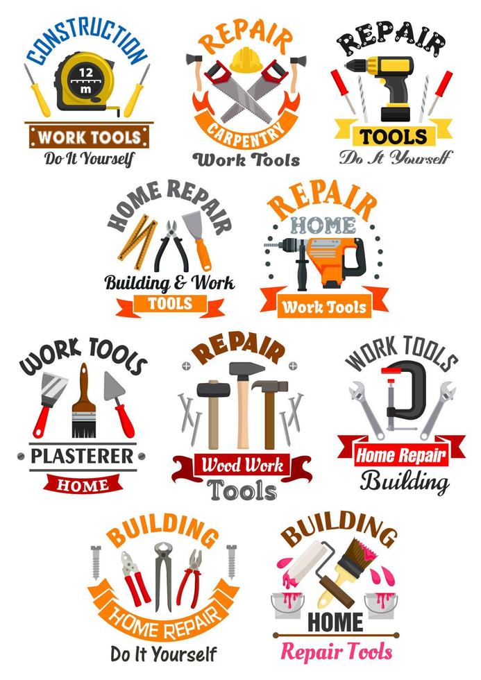 ensemble d'emblèmes d'outils de travail pour la réparation, la construction vecteur