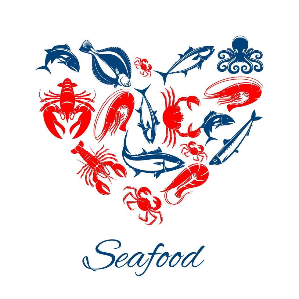 affiche de fruits de mer en symbole de vecteur de forme de coeur