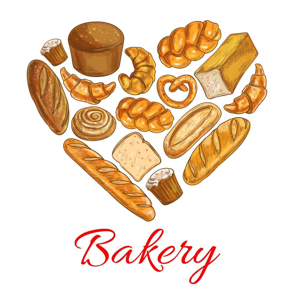 affiche de pain de boulangerie en forme de coeur vecteur