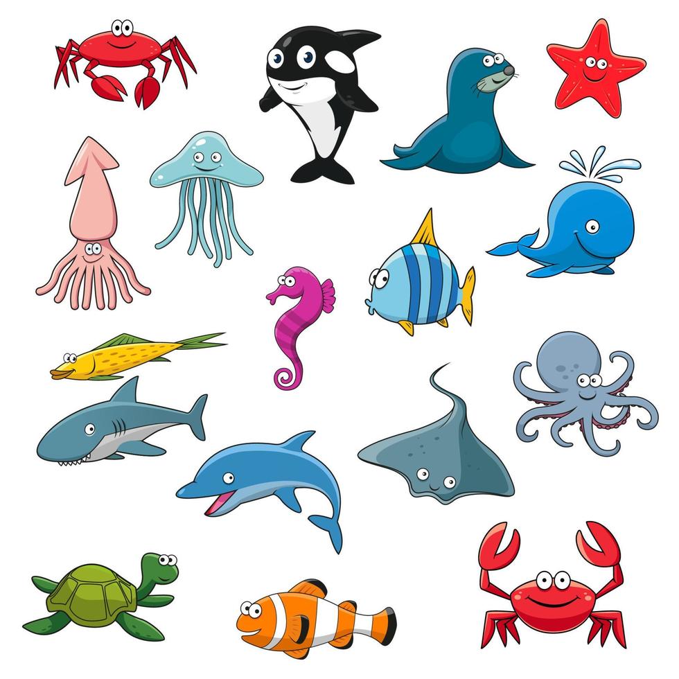personnages isolés de dessin animé océan ou mer vecteur