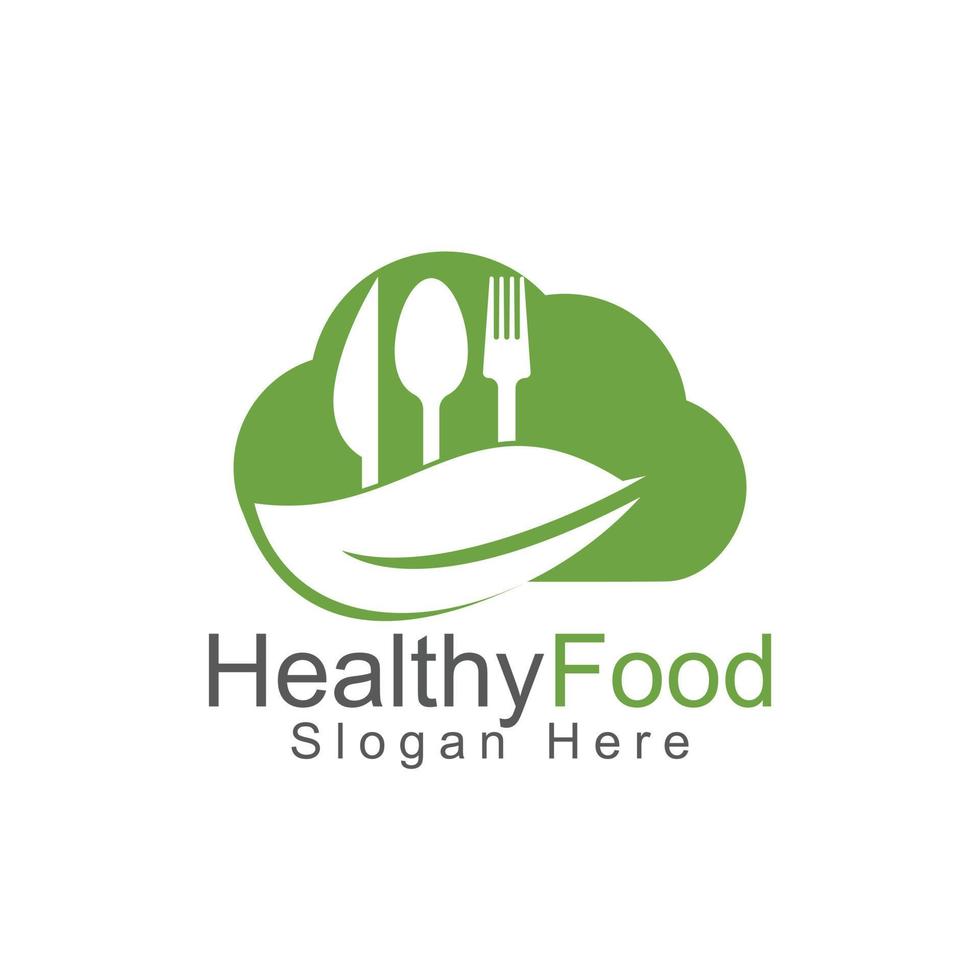 modèle de logo de nuage d'aliments sains. logo d'aliments biologiques avec cuillère, fourchette, couteau et symbole de feuille. vecteur