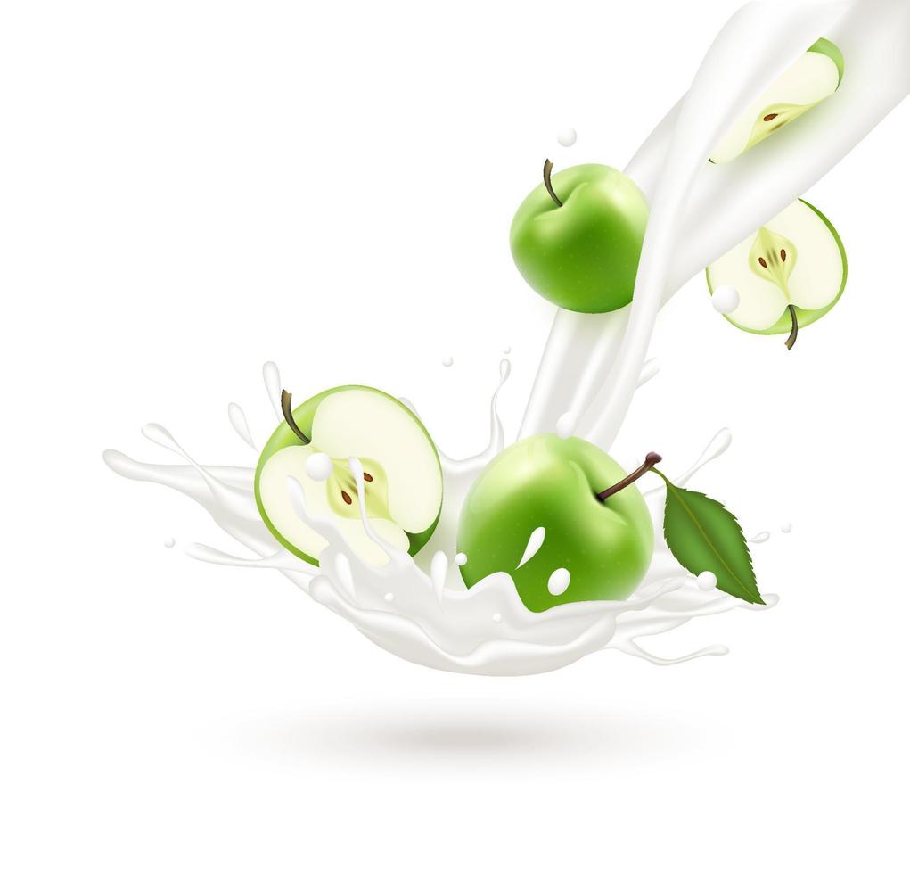 éclaboussures de yaourt au lait pomme verte isolé sur fond blanc. faire de l'exercice et manger des aliments sains. notion de santé. illustration vectorielle 3d réaliste. vecteur