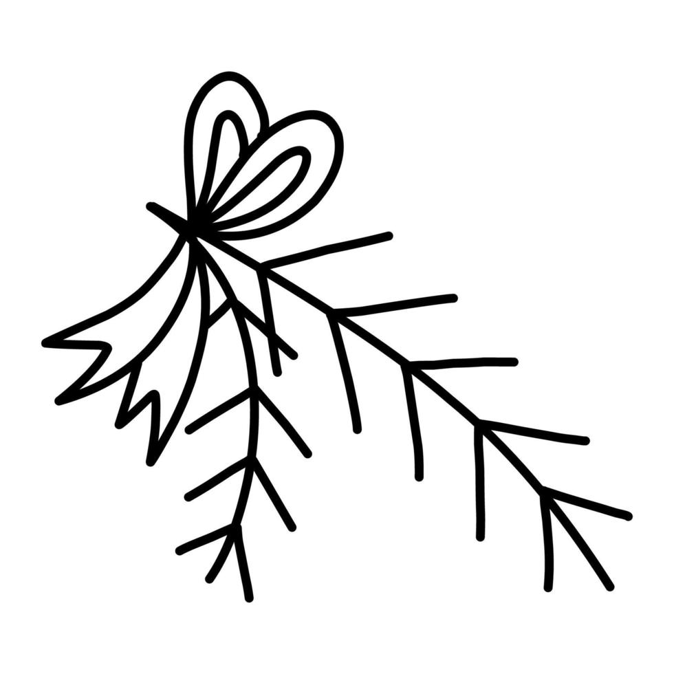 branche d'épinette attachée avec un arc. illustration en noir et blanc dans un style doodle. une pièce pour la conception de noël. belle illustration vectorielle. croquis dessiné à la main. vecteur