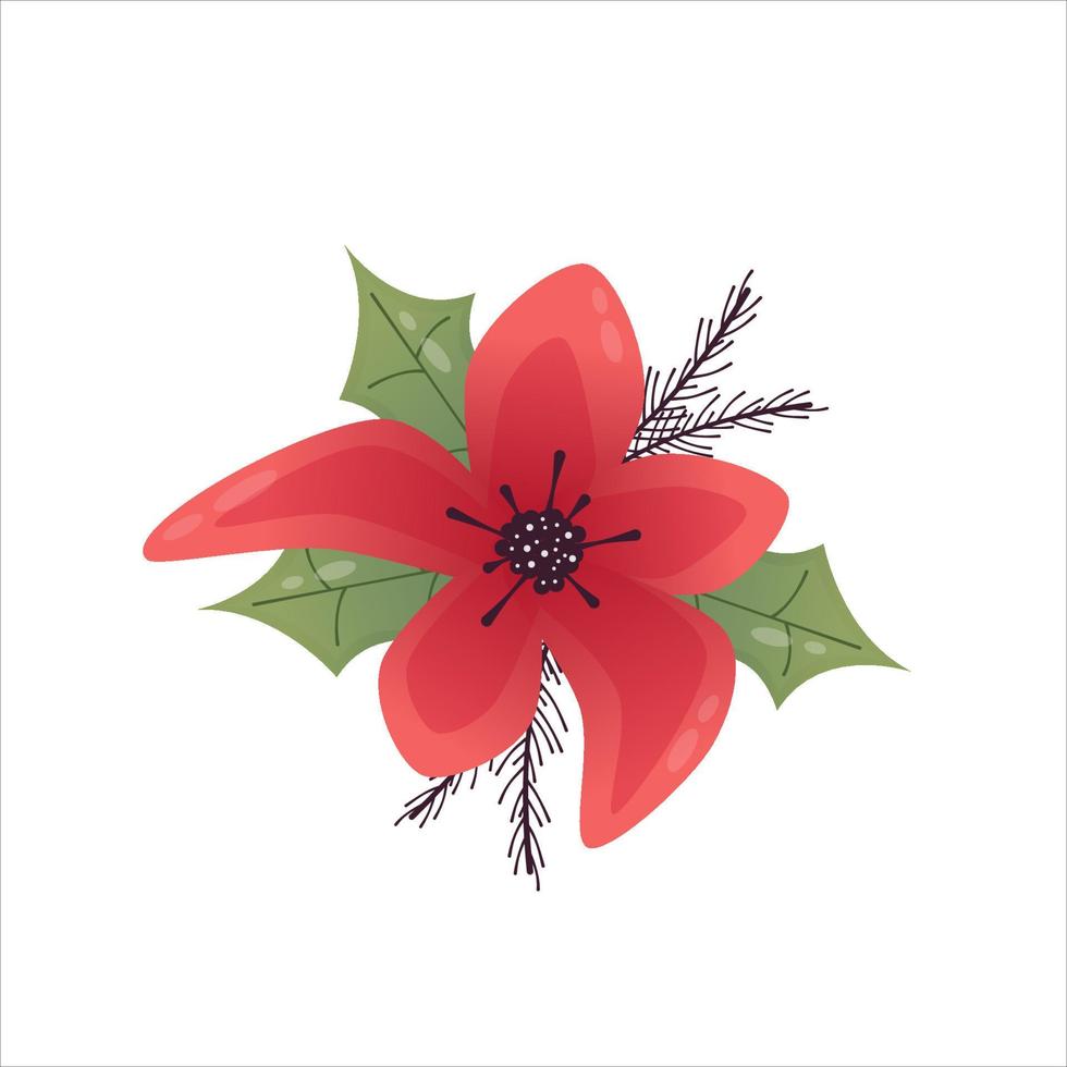 fleur rouge de noël confortable hygge isolée. illustration de vecteur plat de dessin animé. illustration vectorielle isolée. décor de Noël de vacances. éléments confortables de noël