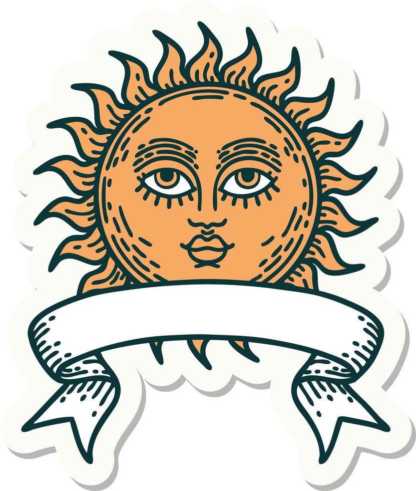 autocollant de style tatouage avec bannière d'un soleil avec visage vecteur