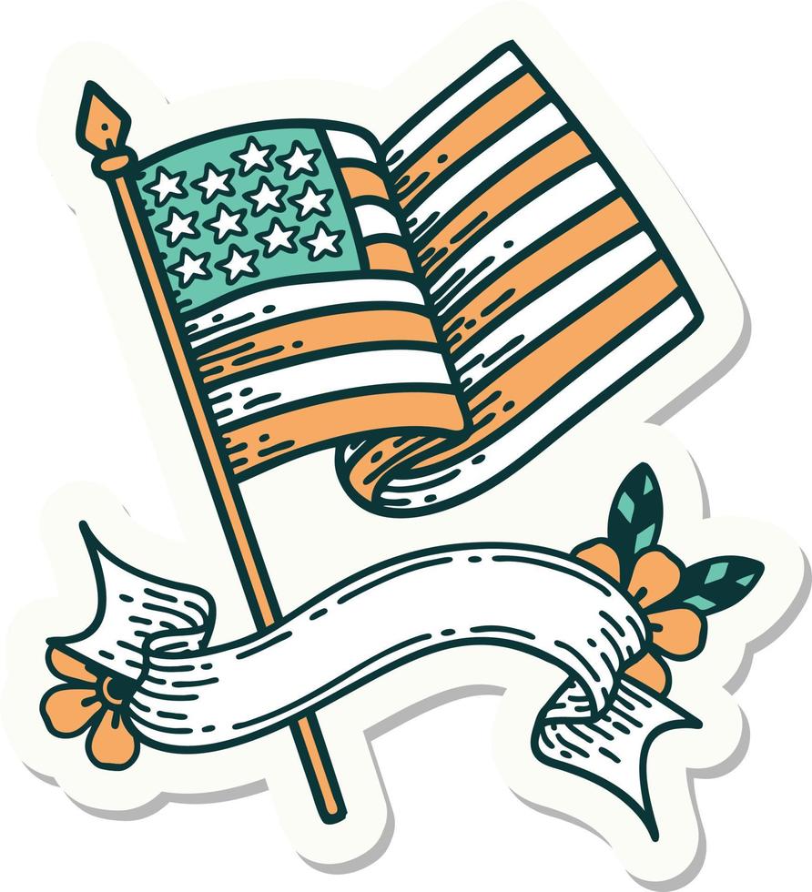 autocollant de style tatouage avec la bannière du drapeau américain vecteur