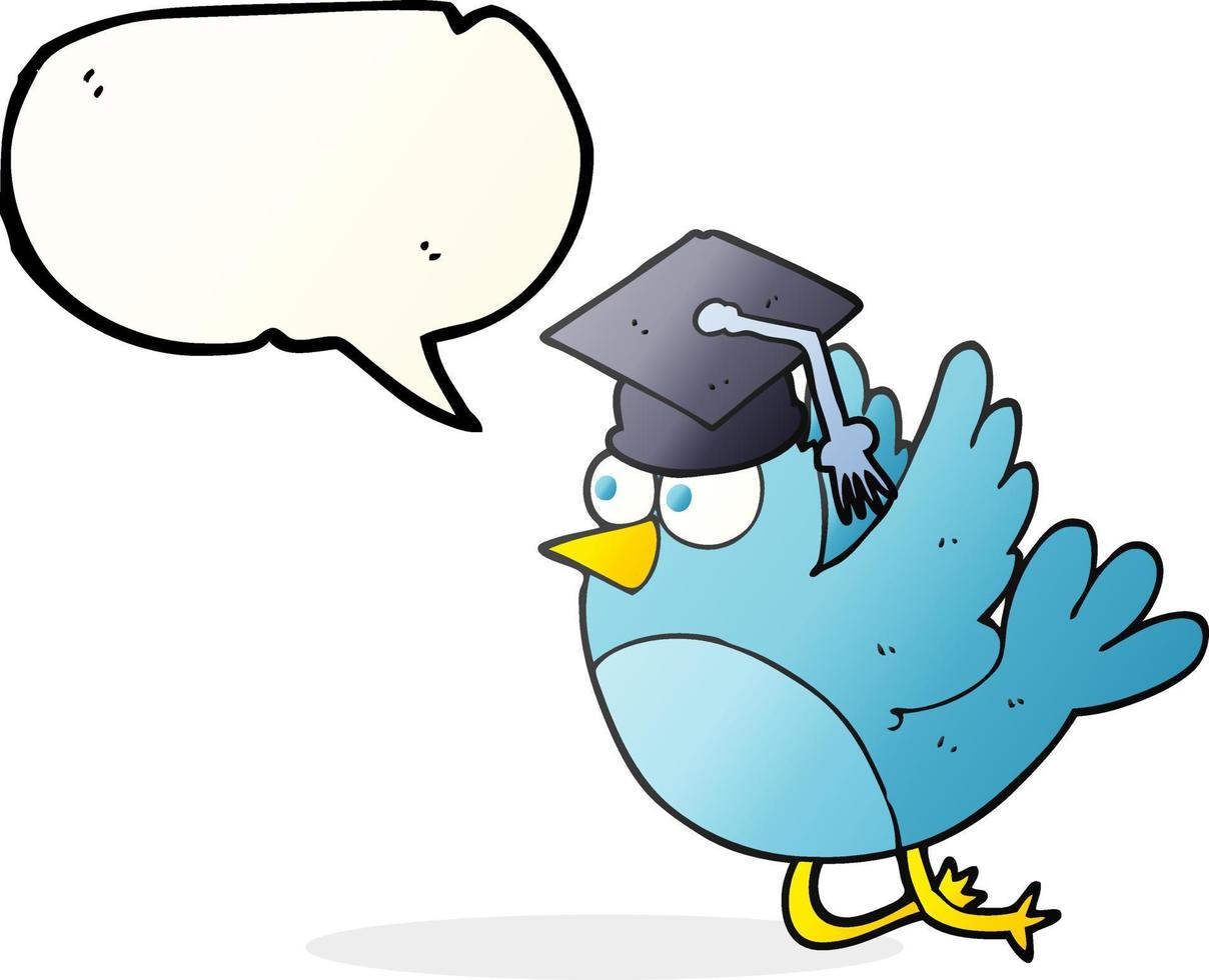 Freehand dessinée bulle dessin animé oiseau portant chapeau de graduation vecteur