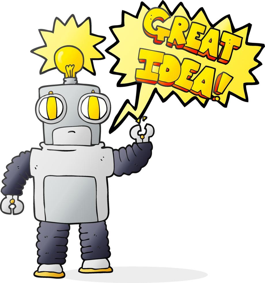 Robot de dessin animé à bulle de dialogue dessiné à main levée avec une excellente idée vecteur