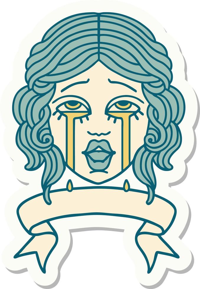 autocollant de style tatouage avec bannière d'un visage de femme qui pleure très heureux vecteur