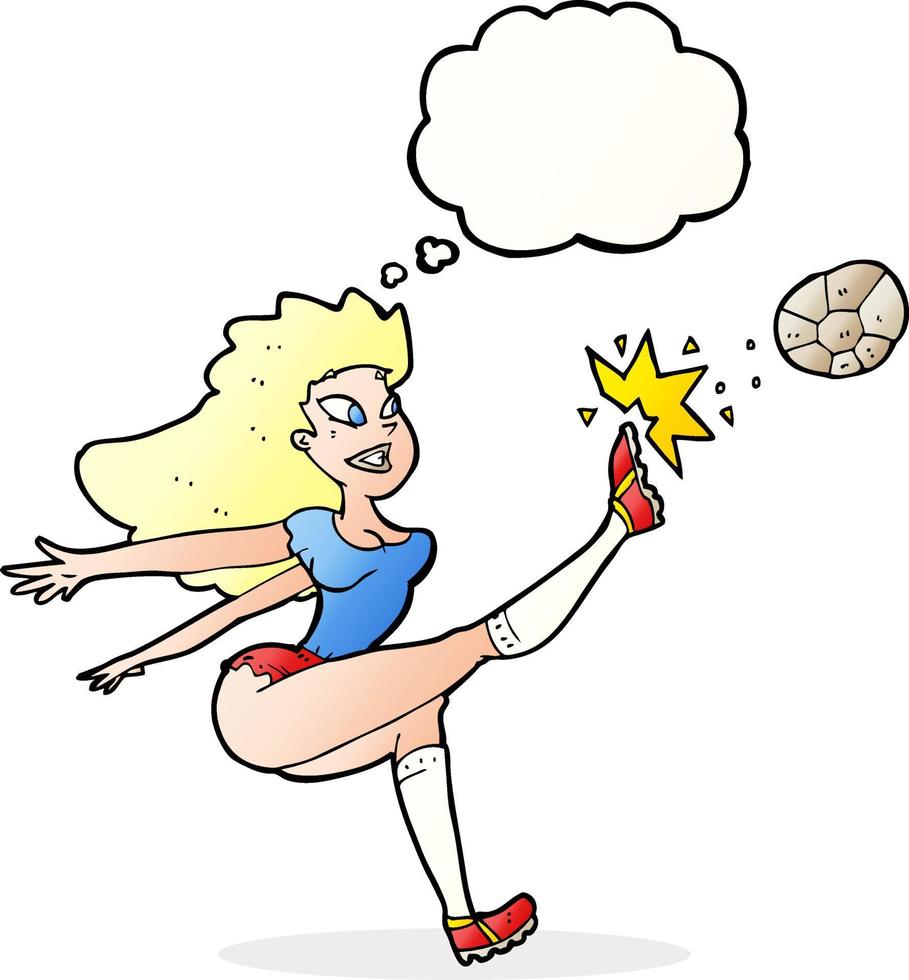 dessin animé, joueur football féminin, donner coup pied, balle, à, a pensé bulle vecteur