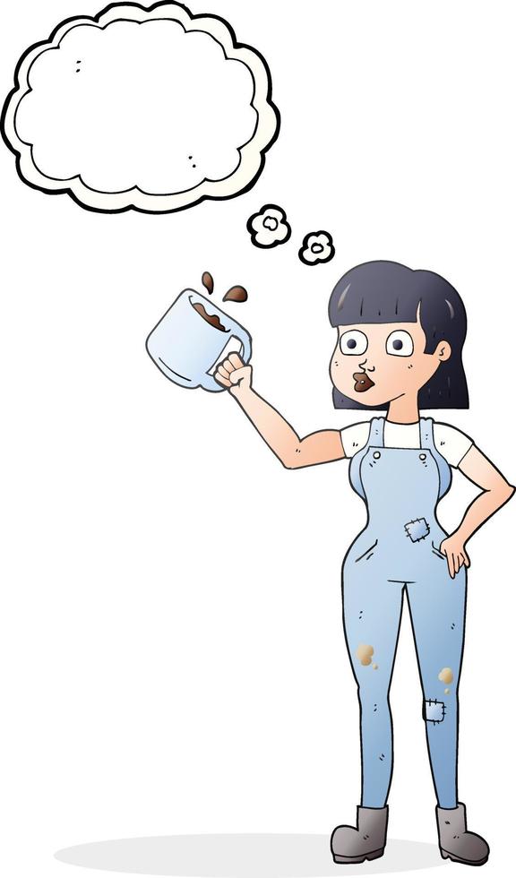 Freehand pensée dessinée bulle cartoon travailleur féminin avec une tasse de café vecteur