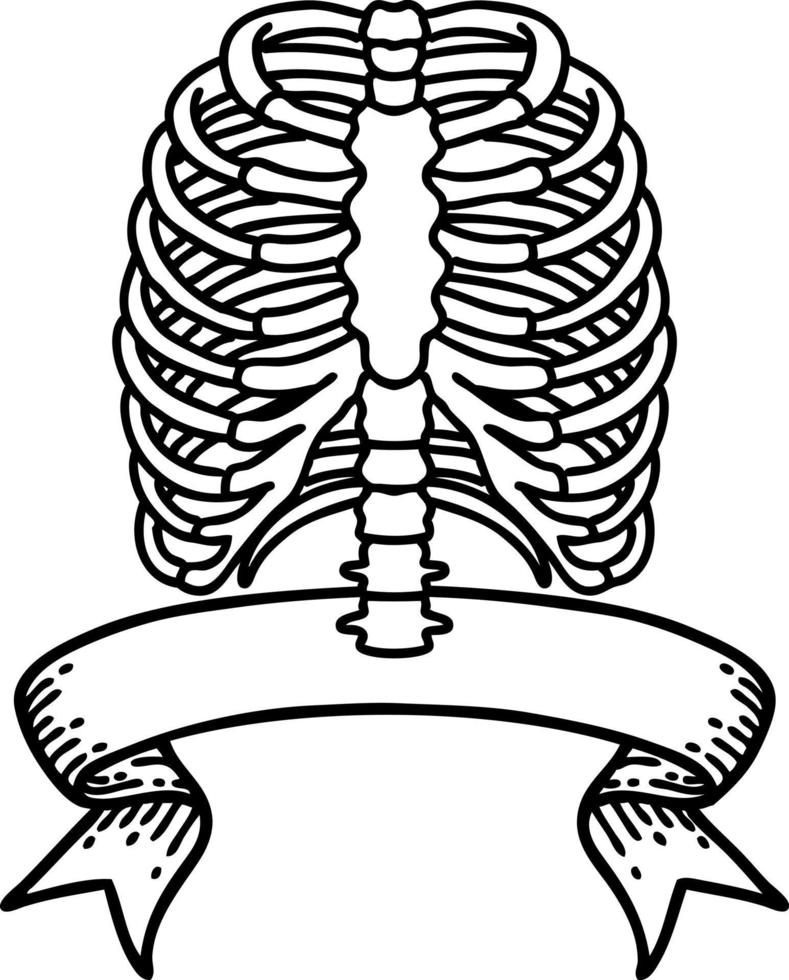 tatouage au trait noir traditionnel avec bannière d'une cage thoracique vecteur