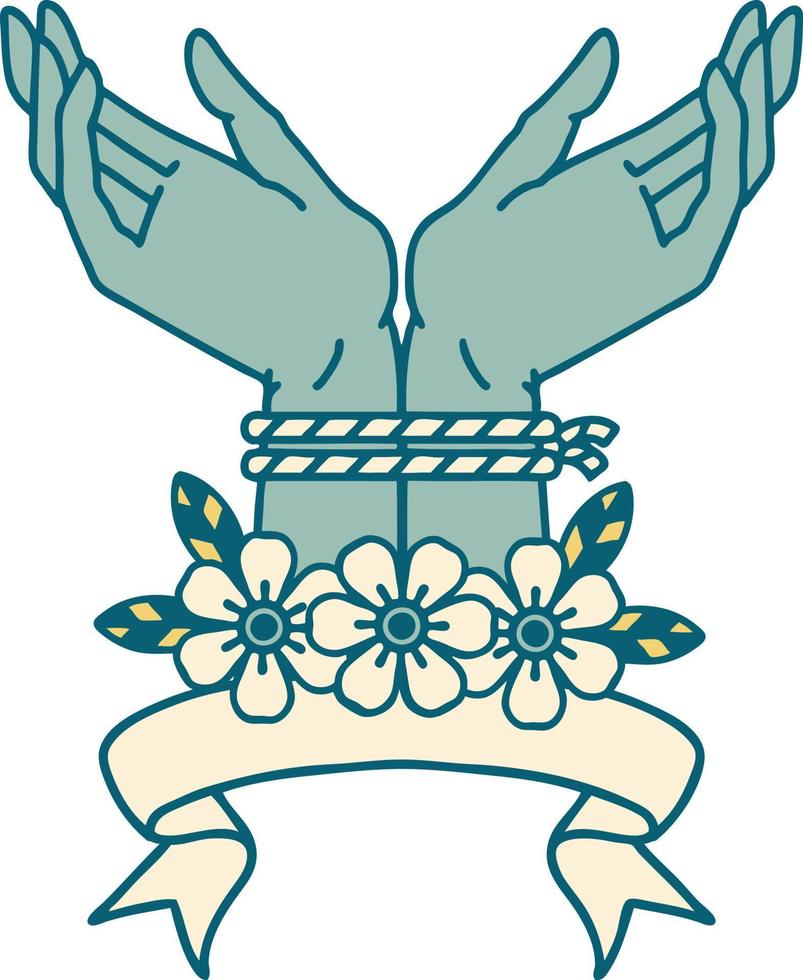 tatouage traditionnel avec bannière de mains liées vecteur