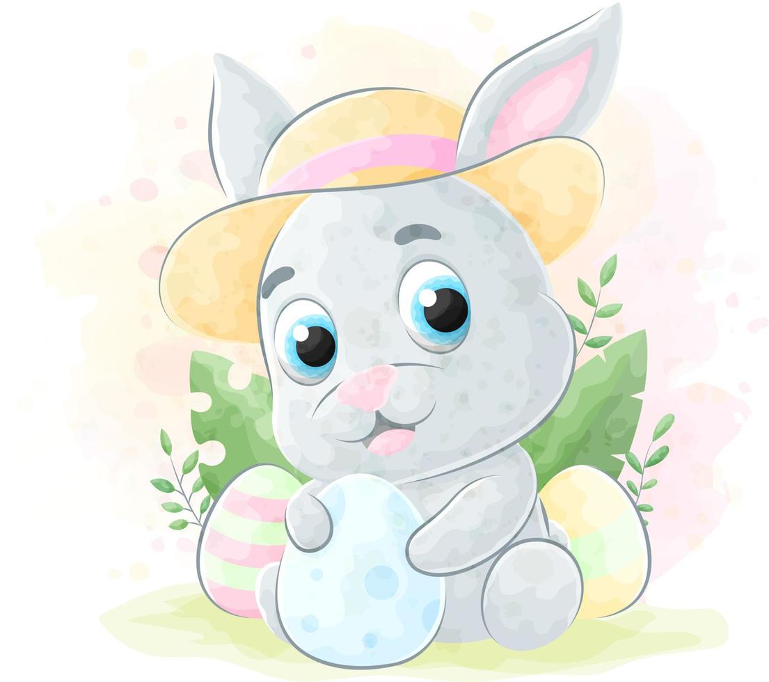 mignon doodle un lapin avec illustration aquarelle vecteur