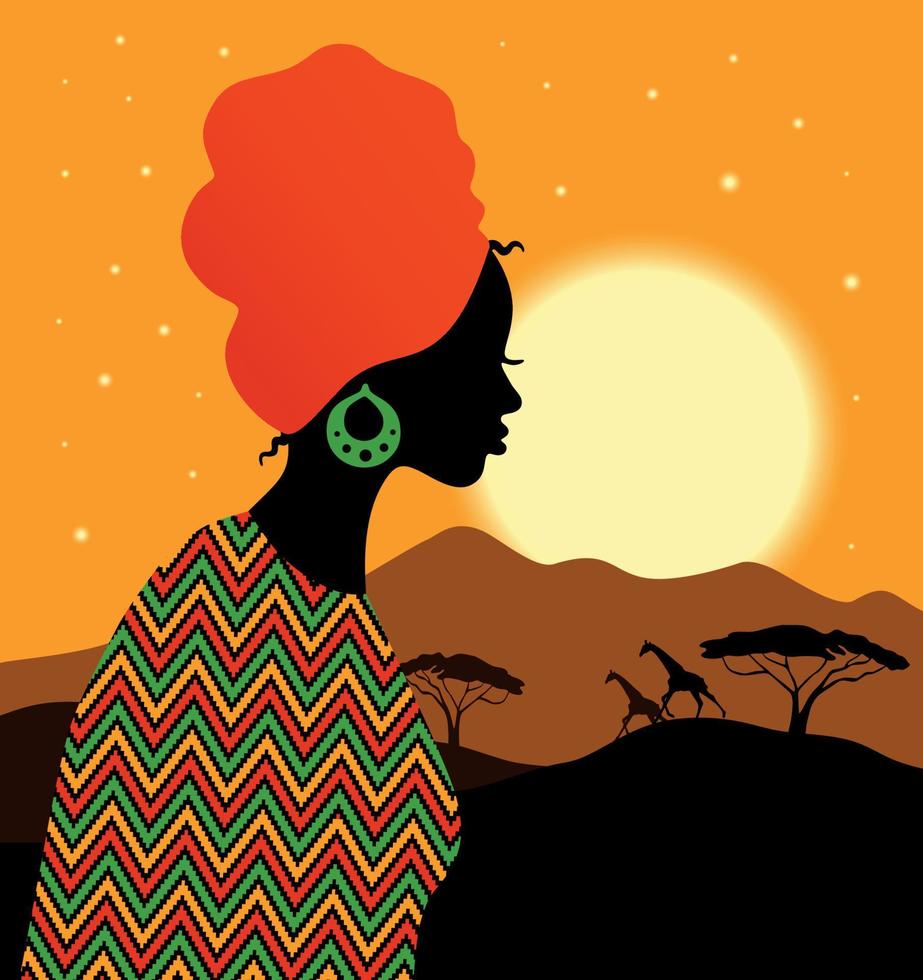 paysage tropical. belle femme noire en turban. carte de savane africaine avec coucher de soleil. vecteur