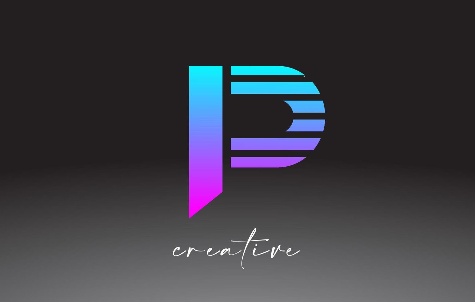 création de logo lettre p lignes néon bleu violet avec des lignes créatives coupées sur la moitié de la lettre vecteur