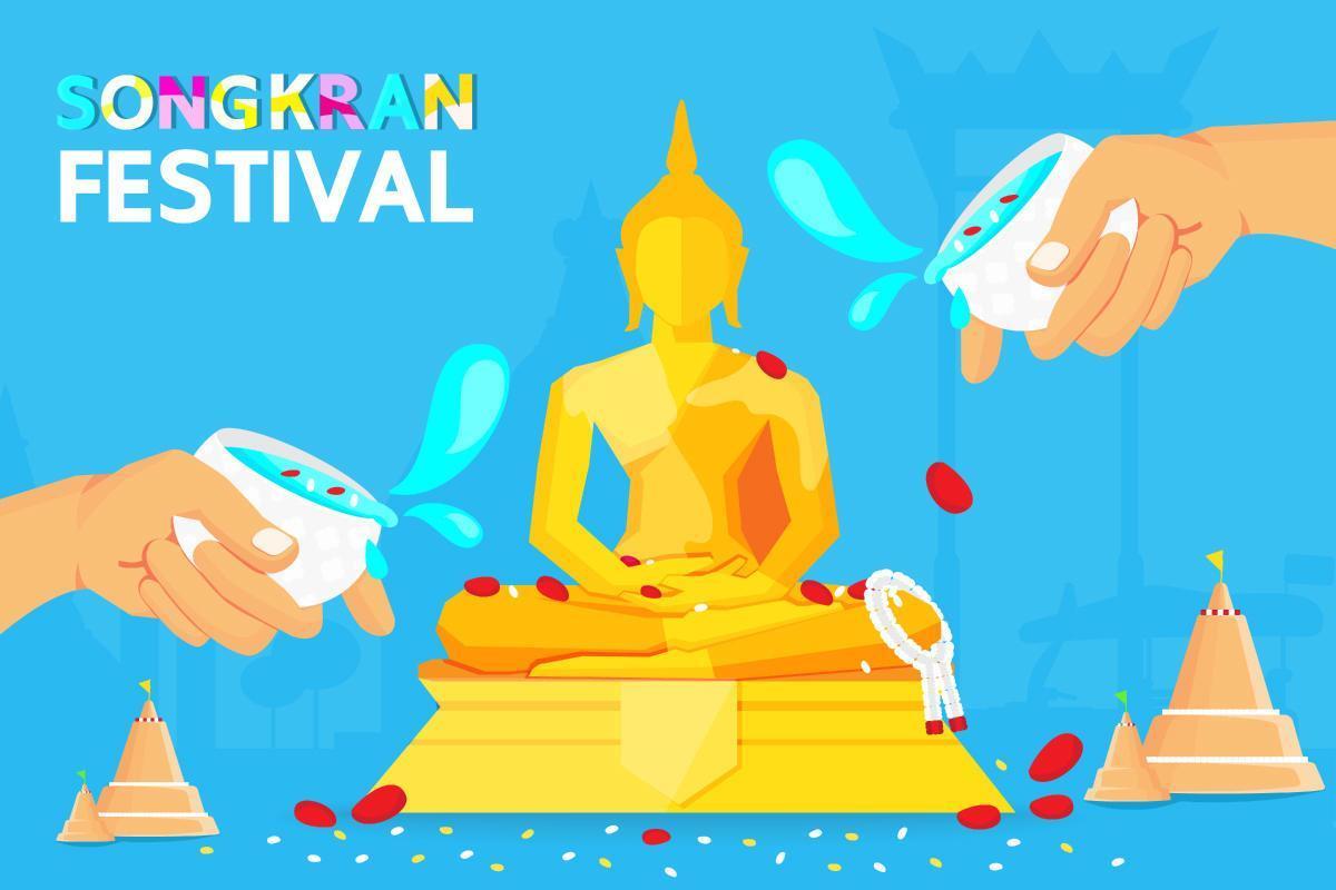 affiche du festival de songkran avec de l'eau saupoudrée sur bouddha vecteur