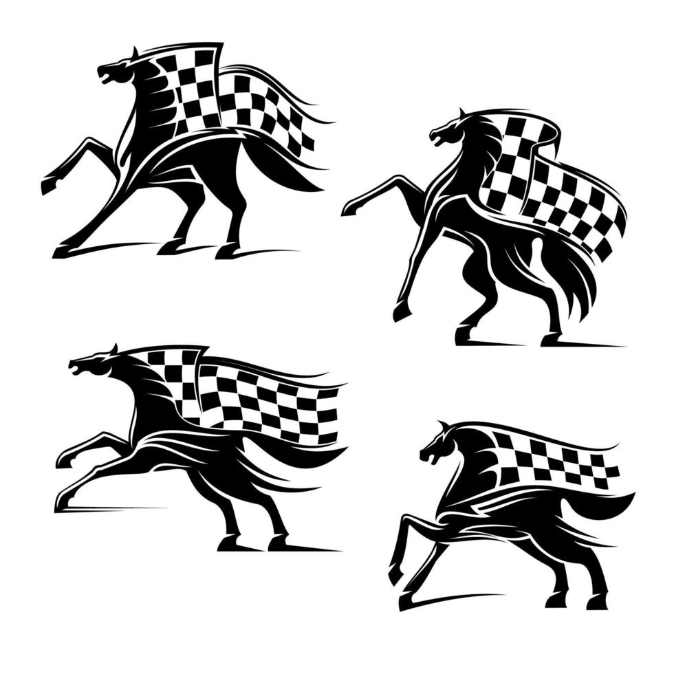 emblèmes de sport de course. courir des chevaux avec des drapeaux vecteur