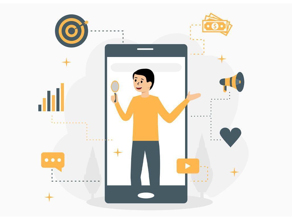 concept de marketing numérique mobile avec l'homme au téléphone vecteur