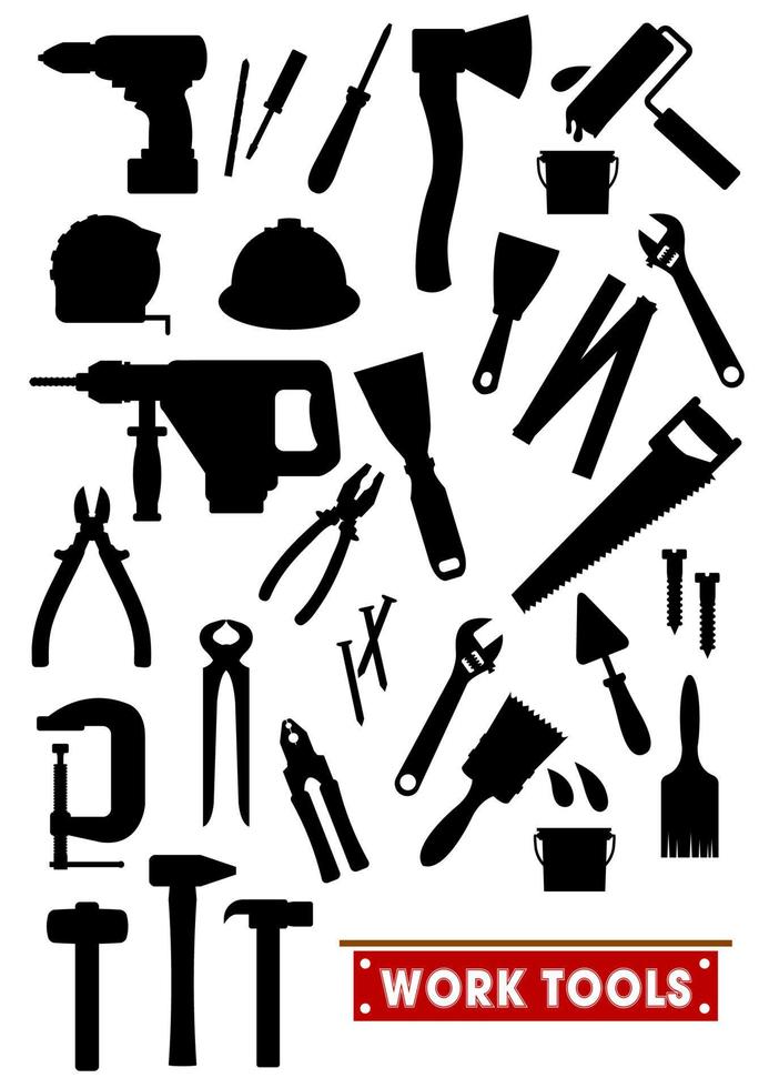 icônes de silhouette d'outils de travail vecteur