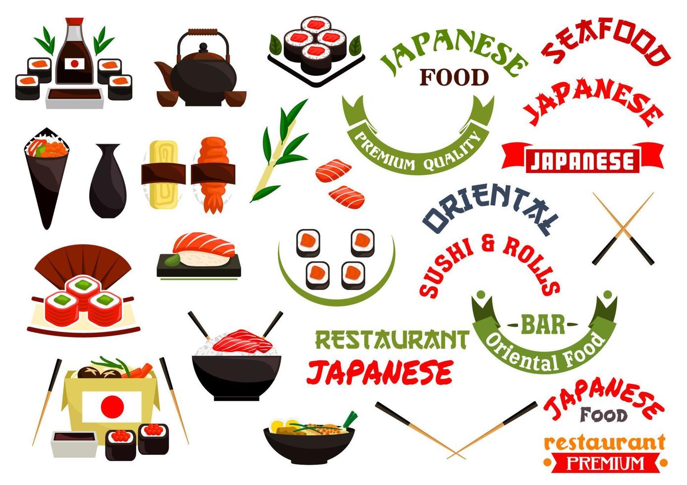 étiquettes vectorielles de restaurant de cuisine japonaise, rubans vecteur