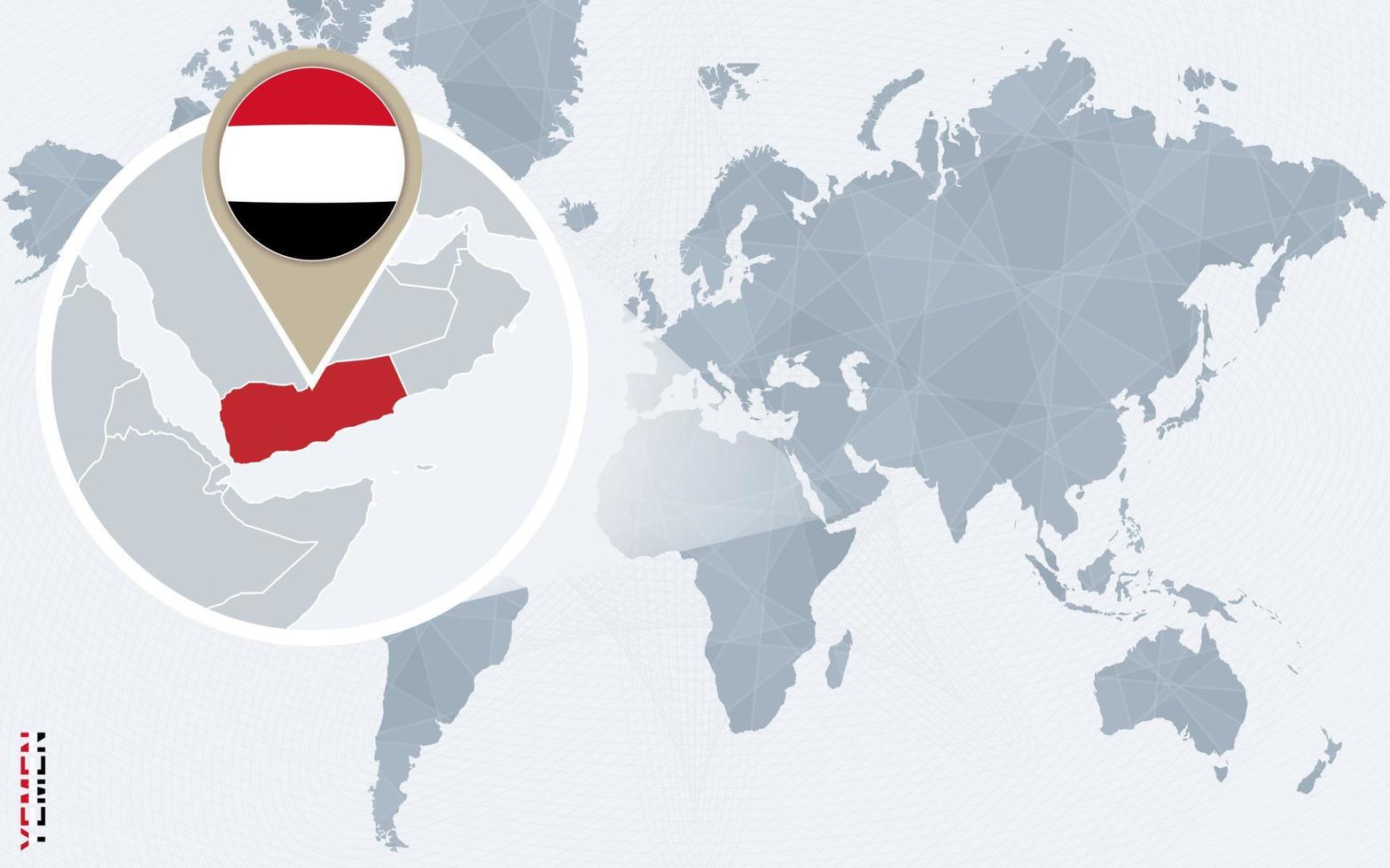 carte bleue abstraite du monde avec le yémen agrandi. vecteur