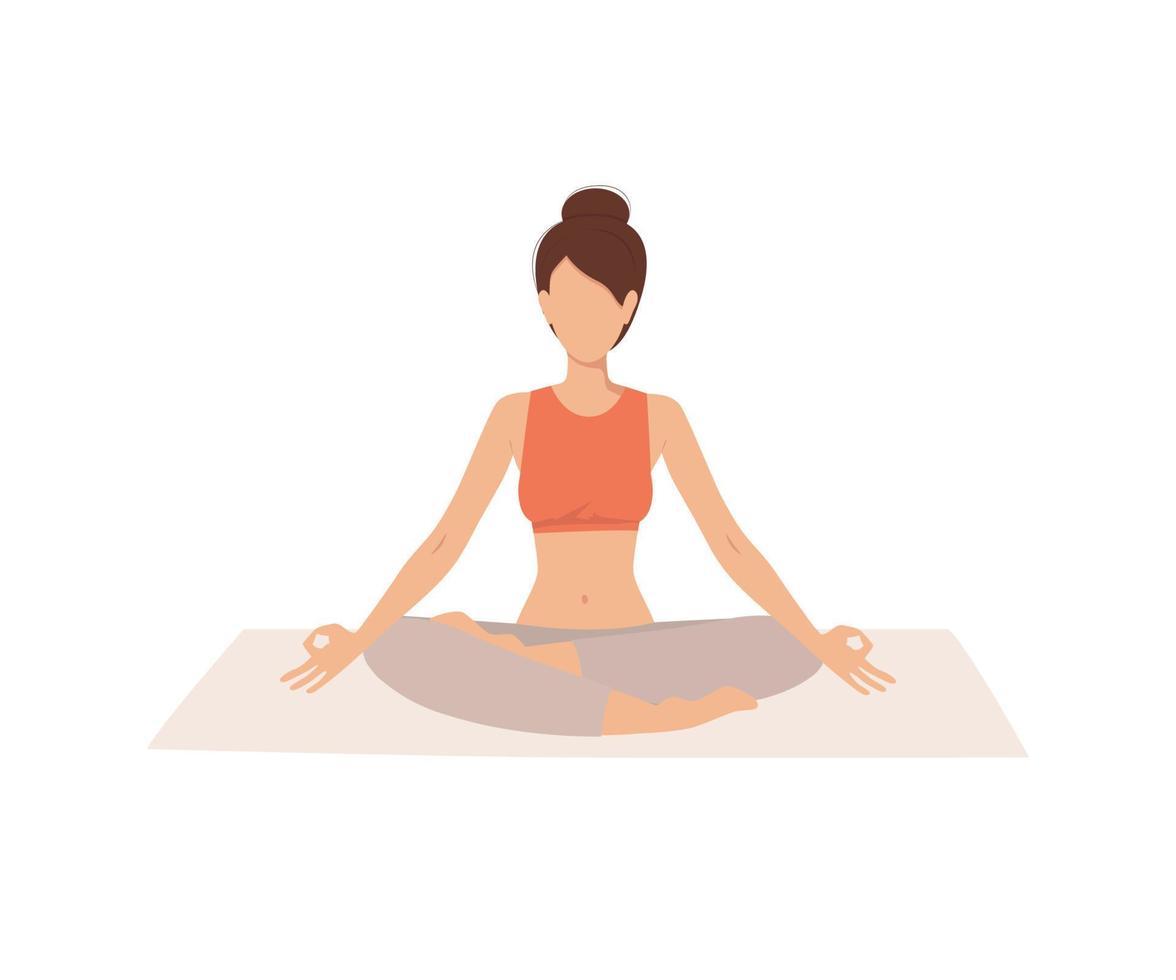 femme assise en position du lotus pratiquant le yoga. femme aux jambes croisées méditant sur tapis isolé sur blanc. illustration vectorielle. vecteur