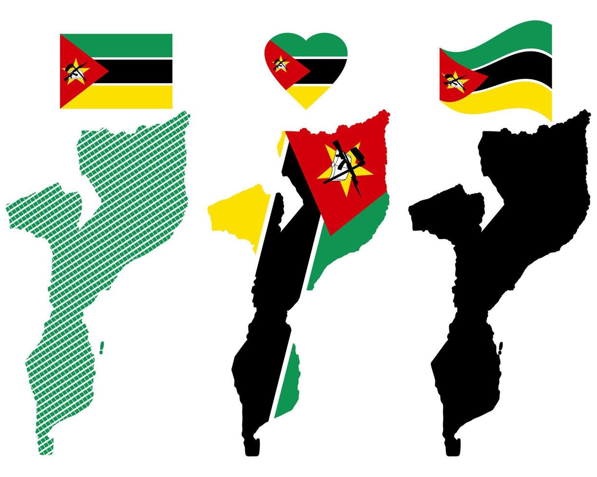 carte drapeau et symbole du mozambique sur fond blanc vecteur