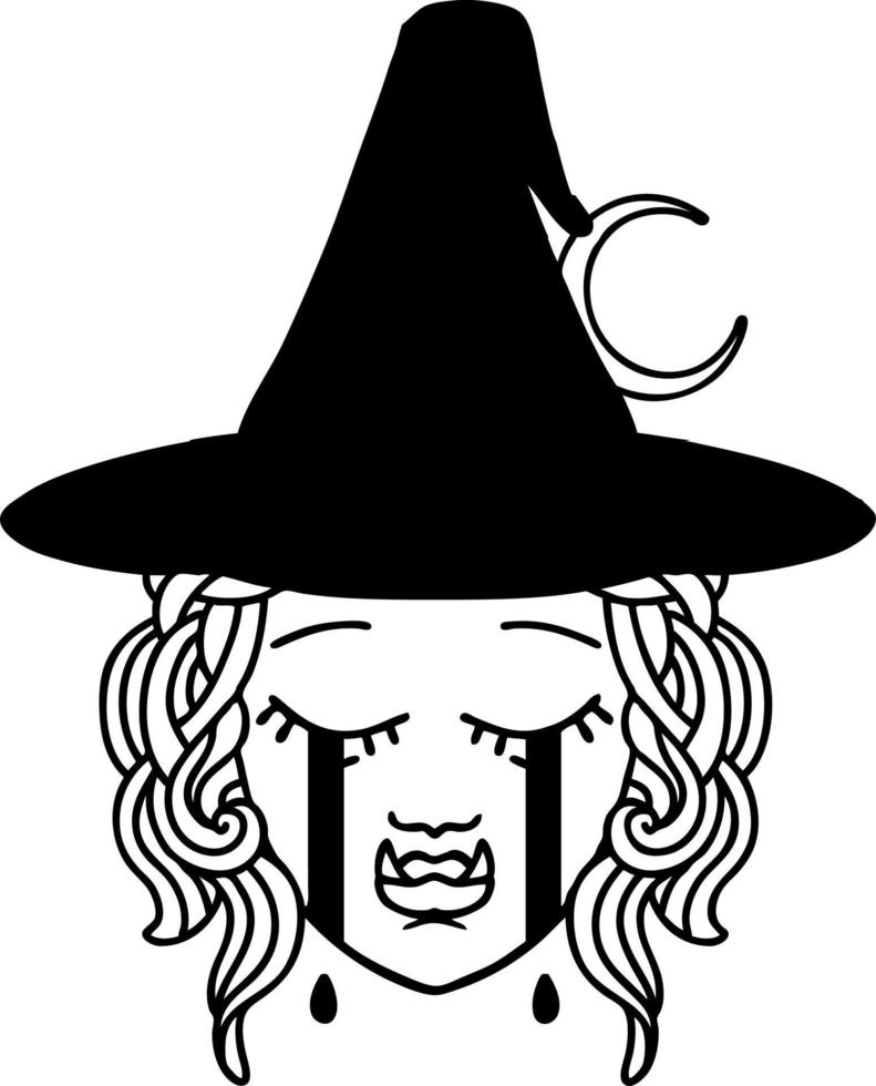 tatouage noir et blanc style dessin au trait pleurer visage de personnage de sorcière moitié orc vecteur
