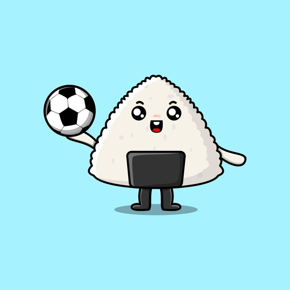 riz de dessin animé mignon sushi japonais jouant au football vecteur