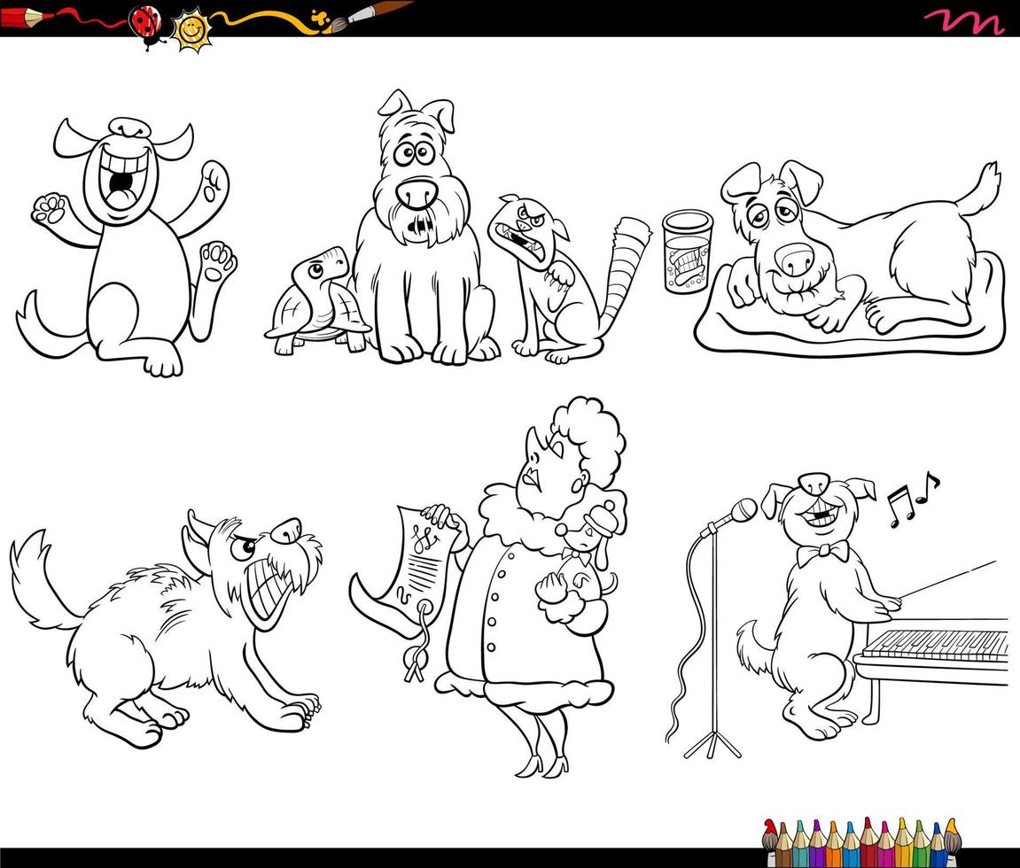 dessin animé, chiens, et, animaux familiers, caractères animaux, ensemble, coloration, page vecteur