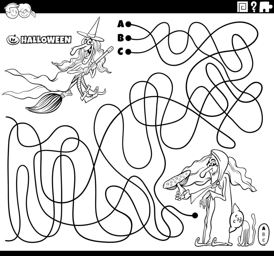 jeu de labyrinthe avec des sorcières de dessin animé sur la page de coloriage d'halloween vecteur