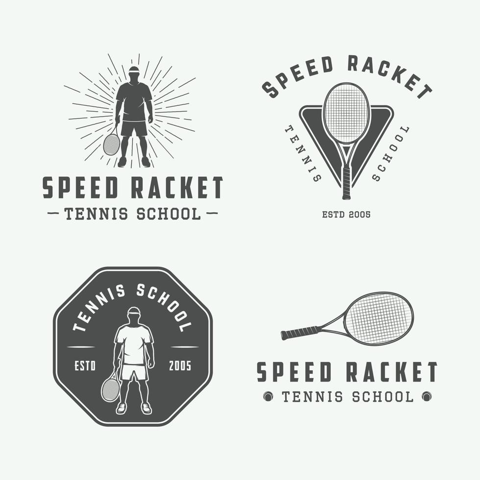 ensemble de logos, emblèmes, badges, étiquettes et éléments de conception de tennis vintage. illustration vectorielle. art graphique monochrome. vecteur