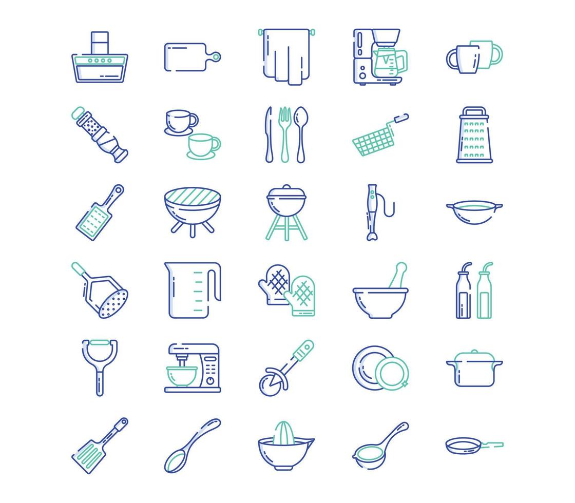 jeu d'icônes d'outils de cuisine et de cuisine vecteur