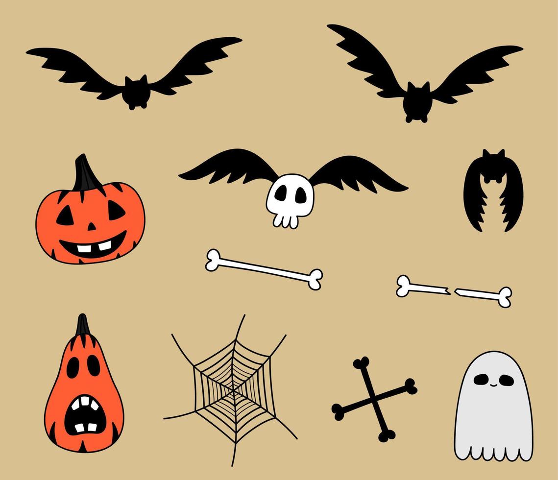 ensemble de griffonnages d'halloween isolés. chauves-souris dessinées à la main, citrouilles, fantôme, crâne, os, toile d'araignée. illustration vectorielle effrayante vecteur