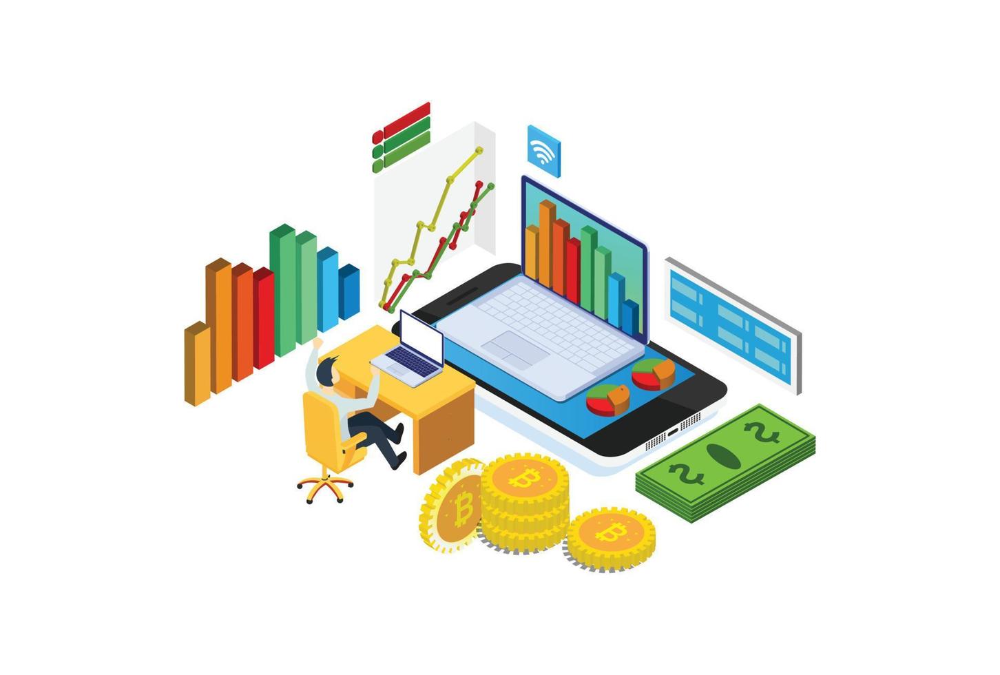 illustration d'analyse financière isométrique moderne du marché boursier, adaptée aux diagrammes, aux infographies, à l'illustration de livres, aux actifs de jeu et à d'autres graphiques liés vecteur