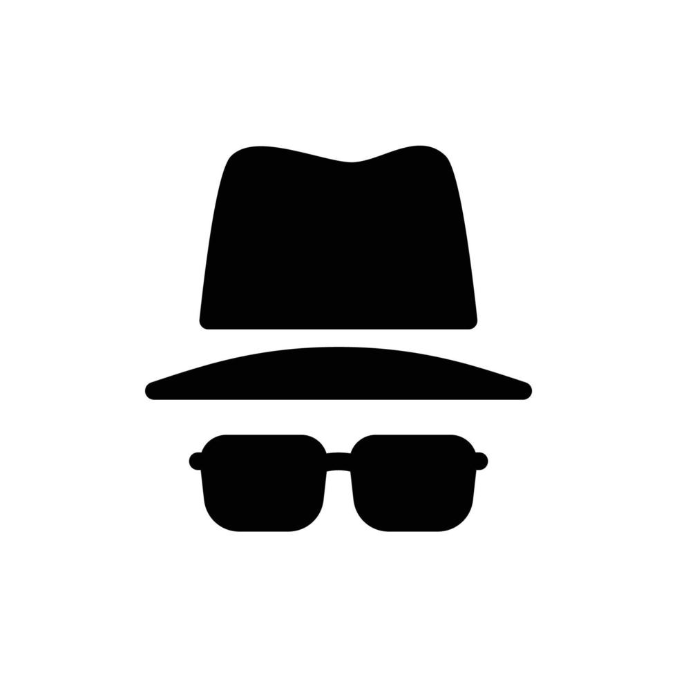 icône de navigateur incognito privé avec chapeau et lunettes dans un style solide noir vecteur