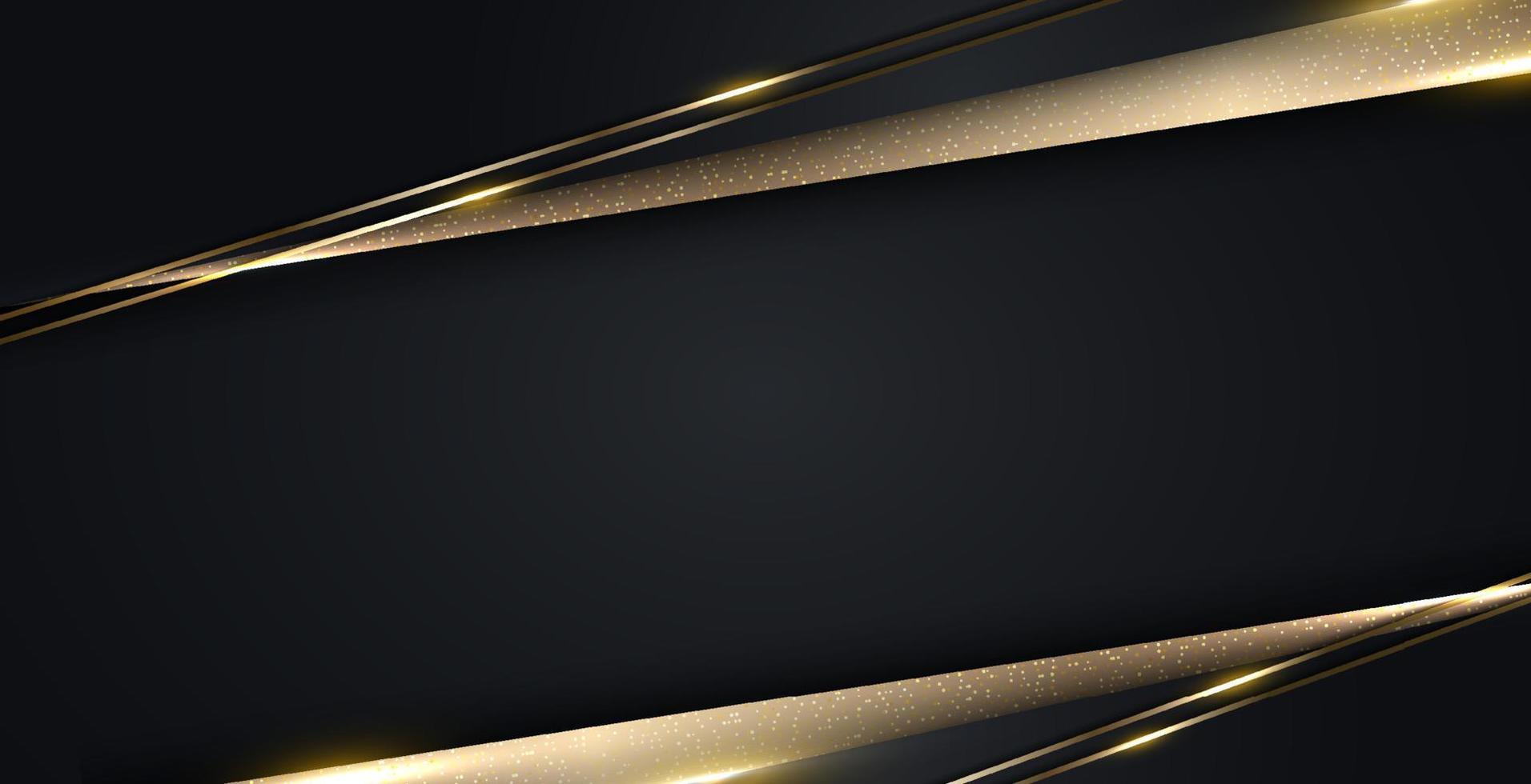 Conception de modèle web de bannière de luxe moderne 3d rayures noires et dorées avec une ligne de paillettes dorées scintillant sur fond sombre vecteur