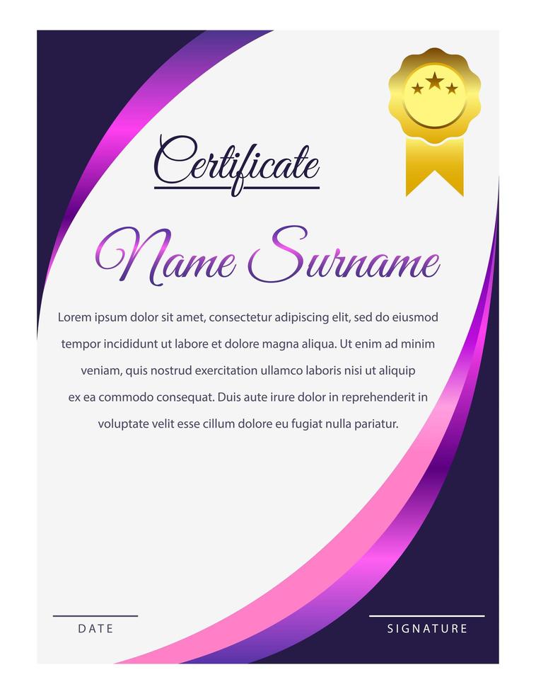 modèle de certificat de coin courbe dégradé violet vecteur