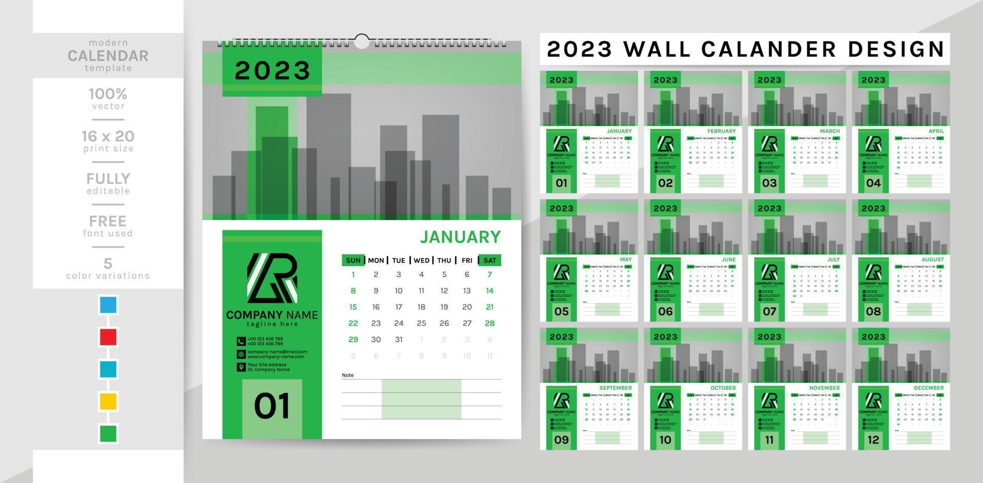 modèle de calendrier mural élégant et créatif pour l'année 2023. la semaine commence le dimanche. vecteur