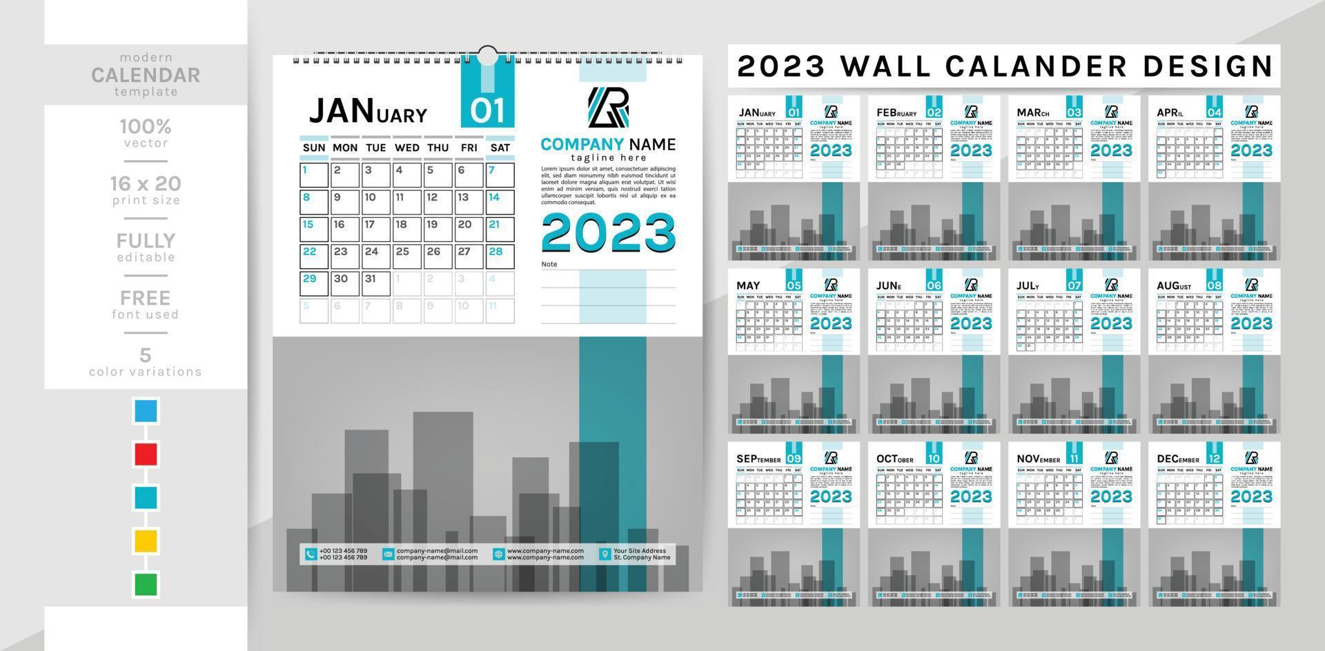 modèle de calendrier mural élégant et créatif pour l'année 2023. la semaine commence le dimanche. vecteur