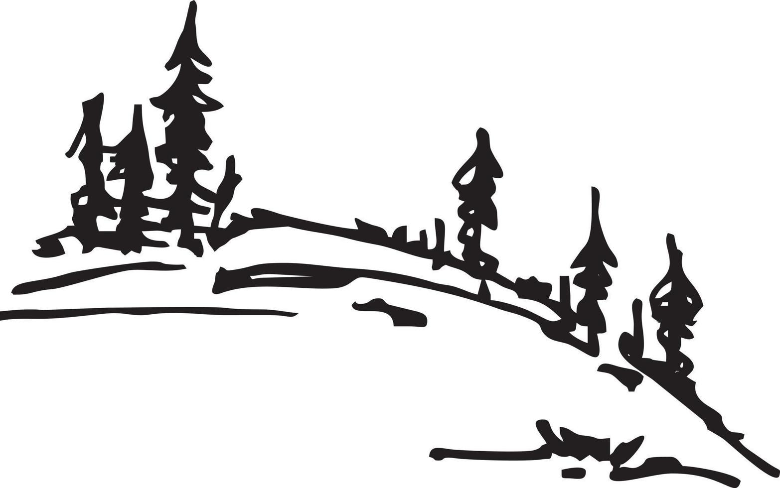 conifères sur le croquis de la colline. épinettes ou pins sur une silhouette de colline paysage naturel noir et blanc. bon pour le logo, l'illustration, l'impression sur les vêtements vecteur