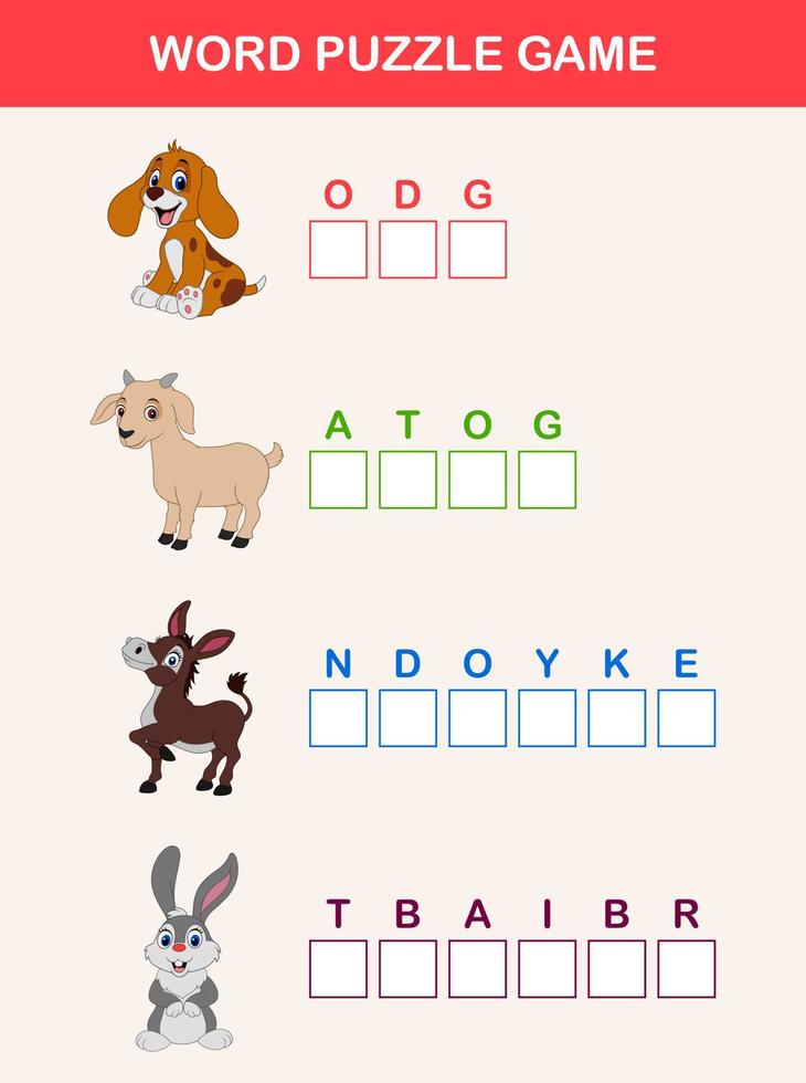 Complétez le jeu éducatif pour enfants de mots. apprendre le thème et le vocabulaire des animaux de la ferme vecteur